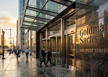 Entrada de Goldman Sachs en 200 West Street, NYC. Gente de negocios en traje camina por la acera.