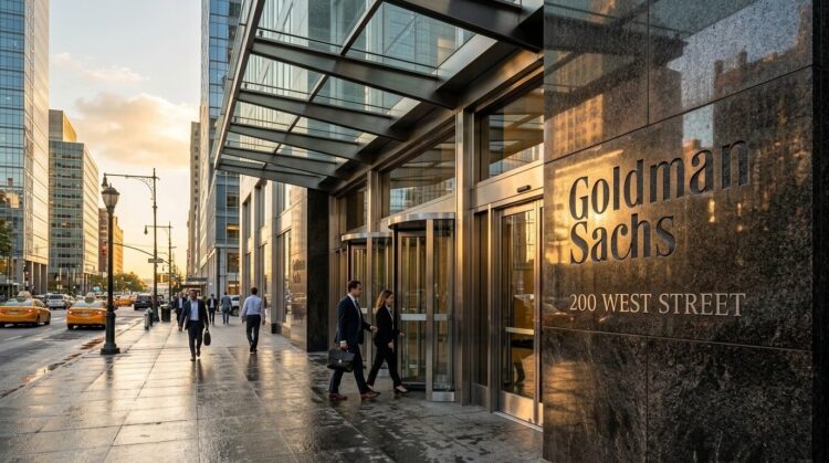 Entrada de Goldman Sachs en 200 West Street, NYC. Gente de negocios en traje camina por la acera.
