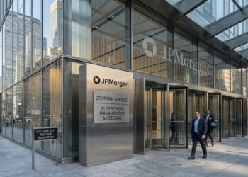 Hombres de negocios caminando frente a la entrada de cristal y metal de la sede de JPMorgan en Park Avenue.