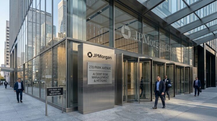 Hombres de negocios caminando frente a la entrada de cristal y metal de la sede de JPMorgan en Park Avenue.