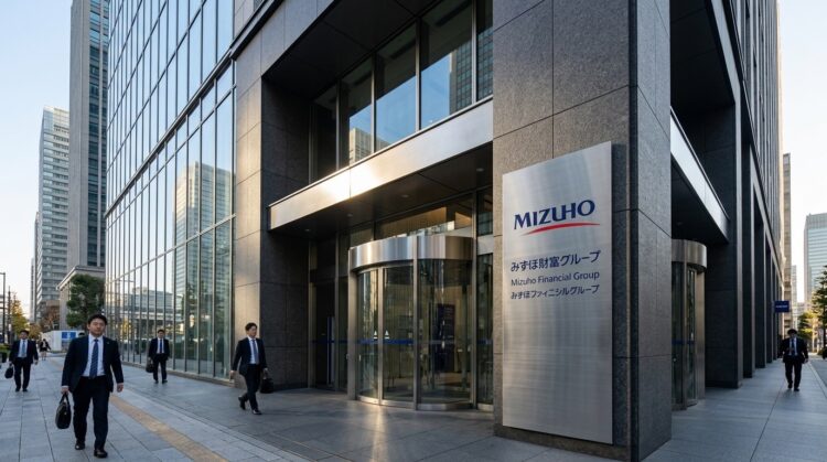 Entrada de Mizuho Financial Group en Tokio, con gran letrero metálico y hombres de negocios con trajes caminando por la acera.
