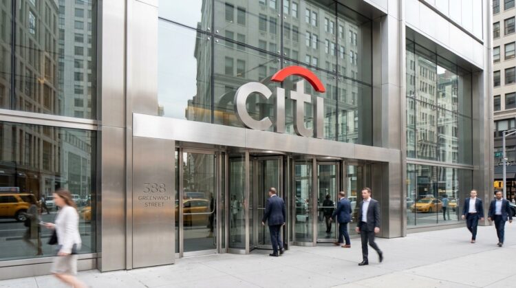 Entrada del edificio Citi en 388 Greenwich Street, NY, con el gran logotipo rojo de Citi y personas de negocios.