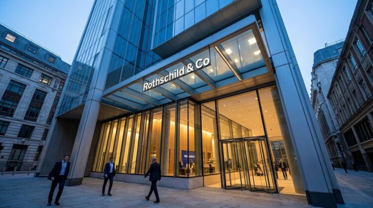 Entrada de cristal de Rothschild & Co al anochecer. Hombres de negocios caminan bajo la marquesina con el nombre iluminado.