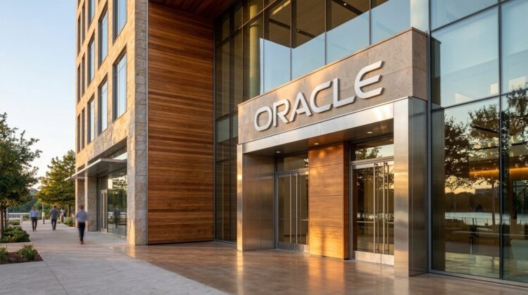 Fotografía de la entrada de Oracle en The Waterfront, Austin, con fachada de madera, piedra y letrero luminoso 'ORACLE'.