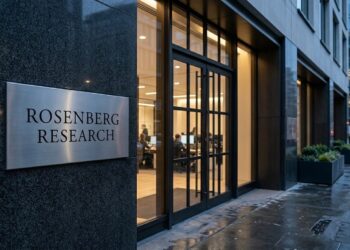 Placa de acero que dice ROSENBERG RESEARCH sobre granito oscuro. Entrada de oficina y hombre en una calle lluviosa.