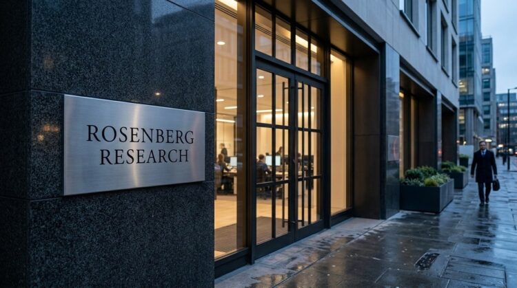 Placa de acero que dice ROSENBERG RESEARCH sobre granito oscuro. Entrada de oficina y hombre en una calle lluviosa.