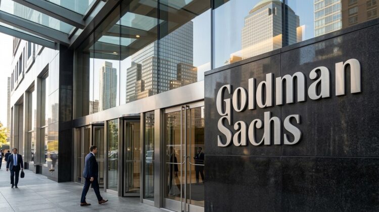 Entrada principal de Goldman Sachs con su nombre en granito oscuro y gente entrando por puertas de cristal en un entorno urbano.