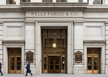 Entrada de estilo clásico de Wells Fargo & Co. en piedra gris. Tres hombres con trajes de negocios caminan por la acera.