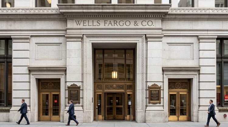 Entrada de estilo clásico de Wells Fargo & Co. en piedra gris. Tres hombres con trajes de negocios caminan por la acera.