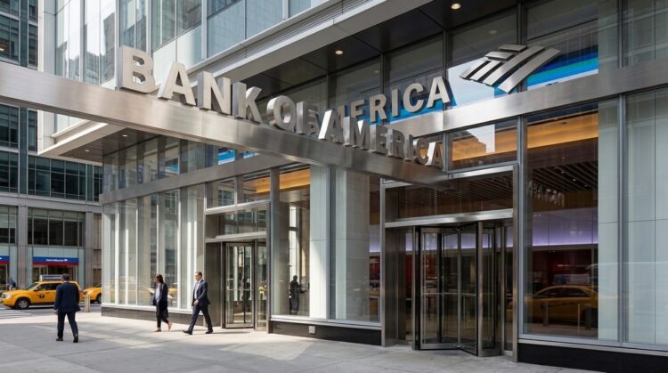 Un gran edificio moderno con fachada de vidrio y un letrero que dice "BANK OF AMERICA". Personas caminan por la acera de enfrente.