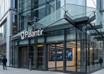 Entrada moderna de vidrio y metal de las oficinas de Palantir, con su logo iluminado y canopy sobre la acera.