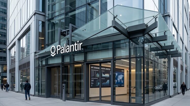 Entrada moderna de vidrio y metal de las oficinas de Palantir, con su logo iluminado y canopy sobre la acera.