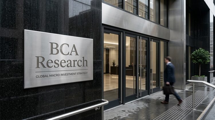 Fachada de BCA Research con placa metálica, puertas de cristal, interior moderno y una persona borrosa caminando.