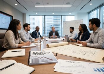 Profesionales en sala de juntas. Visible: 'REAL ESTATE: VALUATION AFTER THE CRASH' y gráficos de dividendos. Se ve la ciudad por la ventana.
