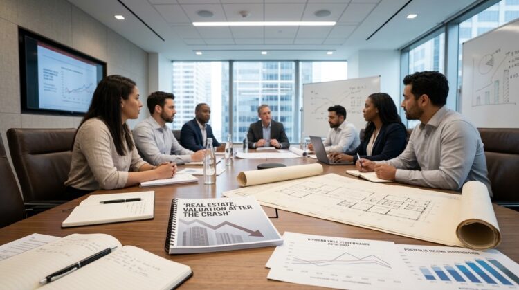 Profesionales en sala de juntas. Visible: 'REAL ESTATE: VALUATION AFTER THE CRASH' y gráficos de dividendos. Se ve la ciudad por la ventana.