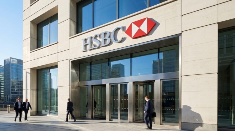 Fachada moderna de la sede de HSBC en Londres con el logo corporativo y empleados de traje caminando en un día soleado.