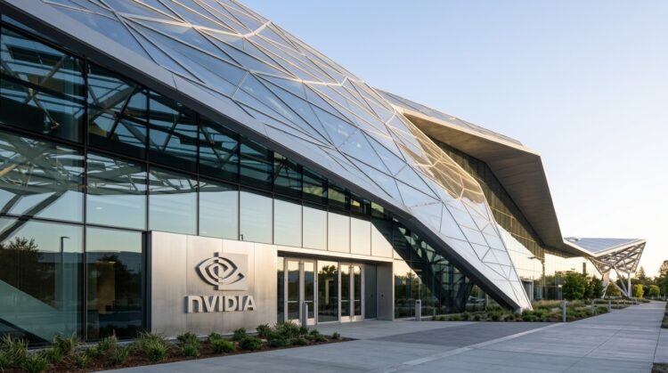 Entrada principal del edificio Voyager de NVIDIA con paneles de vidrio geométricos y un gran letrero de NVIDIA iluminado.