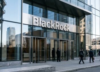 Vista a nivel de calle de la entrada de BlackRock en Hudson Yards, NYC, con personal de seguridad y profesionales.