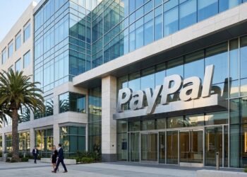 Entrada principal moderna de la sede de PayPal con un gran cartel de la empresa, palmeras a la izquierda y dos hombres de negocios caminando por la acera.