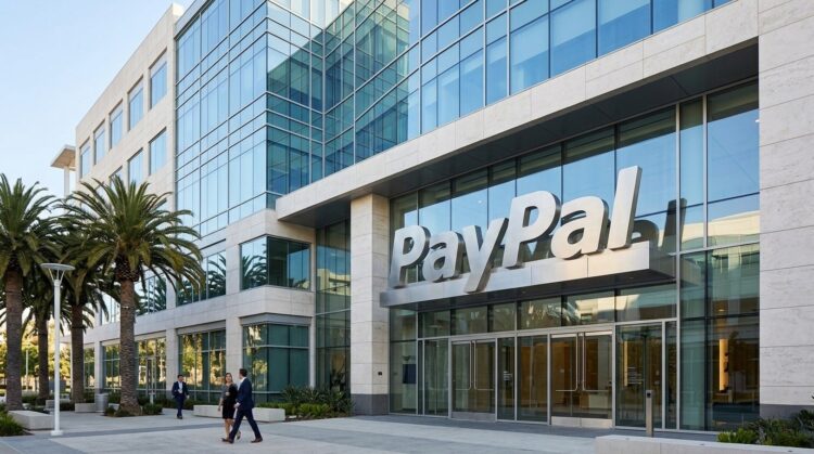 Entrada principal moderna de la sede de PayPal con un gran cartel de la empresa, palmeras a la izquierda y dos hombres de negocios caminando por la acera.