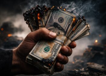 Mano sostiene billetes quemados en entorno con humo.