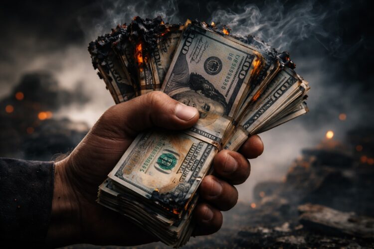 Mano sostiene billetes quemados en entorno con humo.
