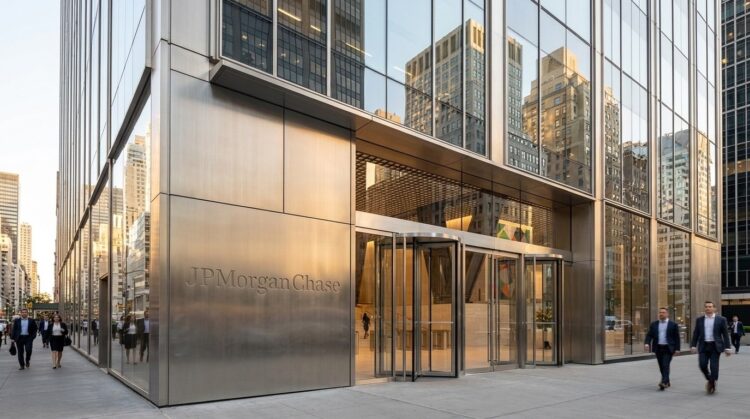 Fachada de metal y cristal con el logo grabado de JPMorgan Chase. Personas caminando afuera.