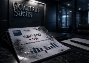 Informe dañado del S&P 500 en mesa con logo de Goldman Sachs al fondo.