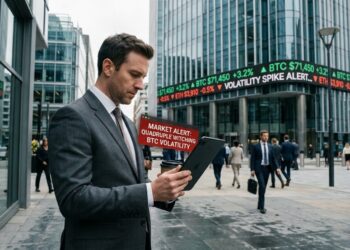 Un hombre de negocios mira una tableta y un café en un distrito financiero con pantallas LED de Bitcoin y Ethereum.