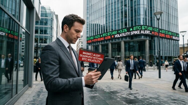 Un hombre de negocios mira una tableta y un café en un distrito financiero con pantallas LED de Bitcoin y Ethereum.