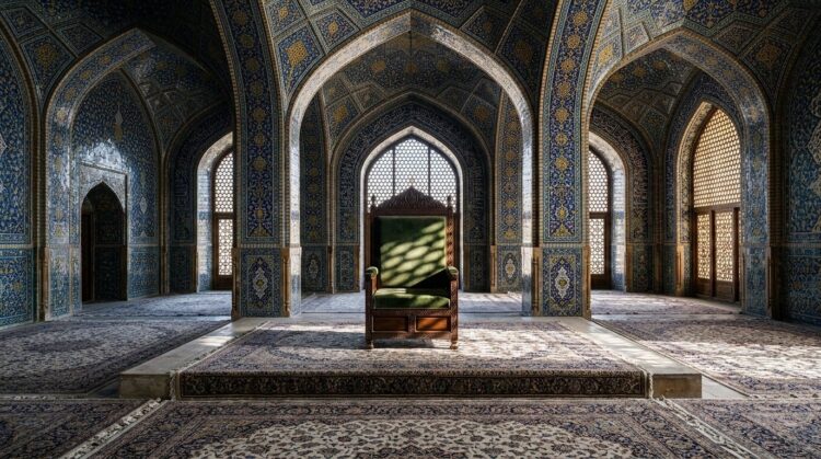 Un trono vacío de terciopelo verde en el centro de una majestuosa sala de arquitectura islámica con intrincados mosaicos azules y dorados.