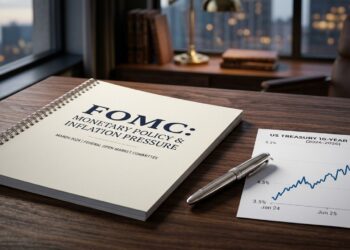 Un informe del FOMC, un bolígrafo y un gráfico de rendimiento del Tesoro a 10 años sobre un escritorio de madera en una oficina con vista a la ciudad.