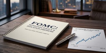 Un informe del FOMC, un bolígrafo y un gráfico de rendimiento del Tesoro a 10 años sobre un escritorio de madera en una oficina con vista a la ciudad.
