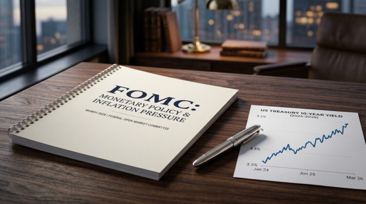 Un informe del FOMC, un bolígrafo y un gráfico de rendimiento del Tesoro a 10 años sobre un escritorio de madera en una oficina con vista a la ciudad.