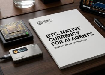 Escritorio de madera con informe 'BTC: Moneda Nativa para Agentes de IA'. Al lado, billetera Bitvault con 14.825 BTC.