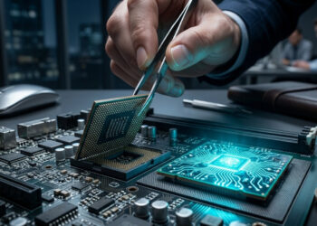 Primer plano de una mano usando pinzas para colocar un procesador en una placa base iluminada con luz cian.