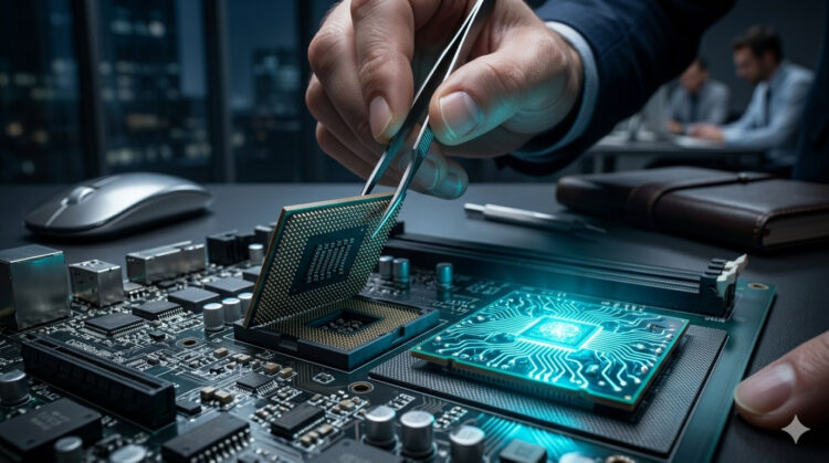 Primer plano de una mano usando pinzas para colocar un procesador en una placa base iluminada con luz cian.