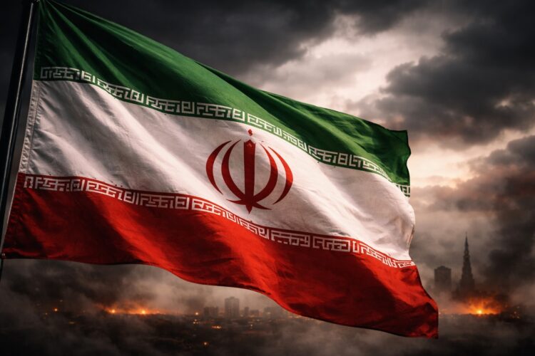 Bandera de Irán ondeando bajo cielo oscuro y tenso.