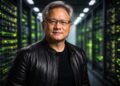 Jensen Huang en centro de datos rodeado de servidores Nvidia