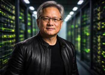 Jensen Huang en centro de datos rodeado de servidores Nvidia