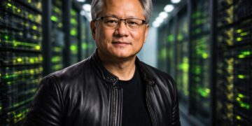 Jensen Huang en centro de datos rodeado de servidores Nvidia