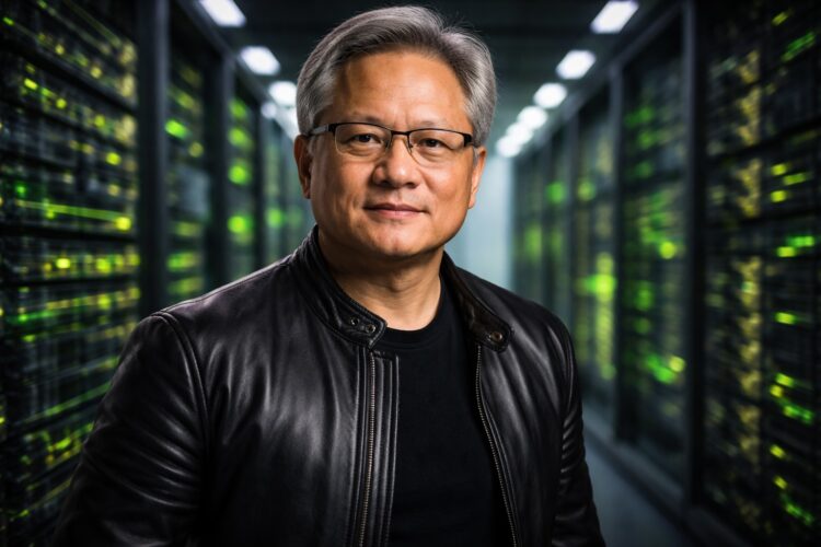 Jensen Huang en centro de datos rodeado de servidores Nvidia