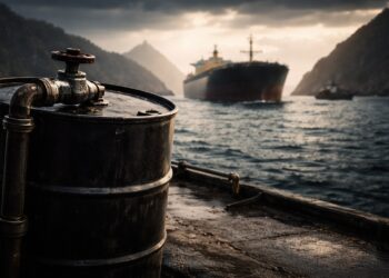 Barril de petróleo con válvula cerrada frente a petrolero detenido en paso marítimo.