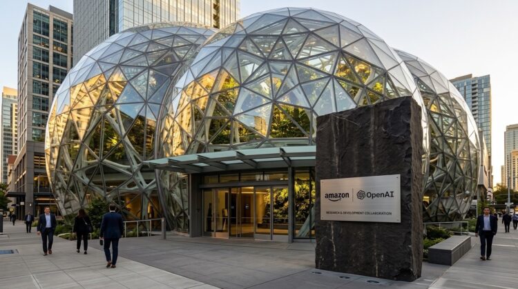 Tres grandes cúpulas de vidrio de las Amazon Spheres con un letrero de colaboración con OpenAI. Personas de negocios en la acera.