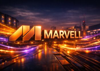 Logotipo gigante de Marvell iluminado con flujos de energía IA.