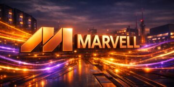 Logotipo gigante de Marvell iluminado con flujos de energía IA.