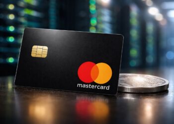 Tarjeta Mastercard junto a moneda digital sobre mesa.