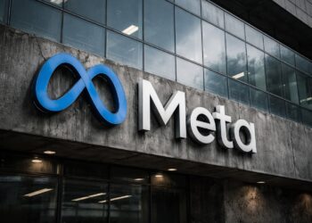 Fachada de Meta con logo visible en ambiente frío y desgastado.