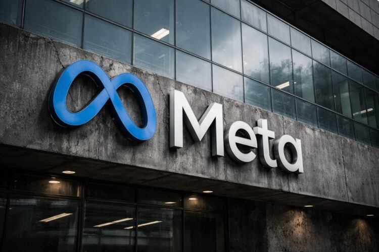 Fachada de Meta con logo visible en ambiente frío y desgastado.