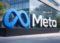 Logo de Meta frente a edificio corporativo moderno de tecnología.